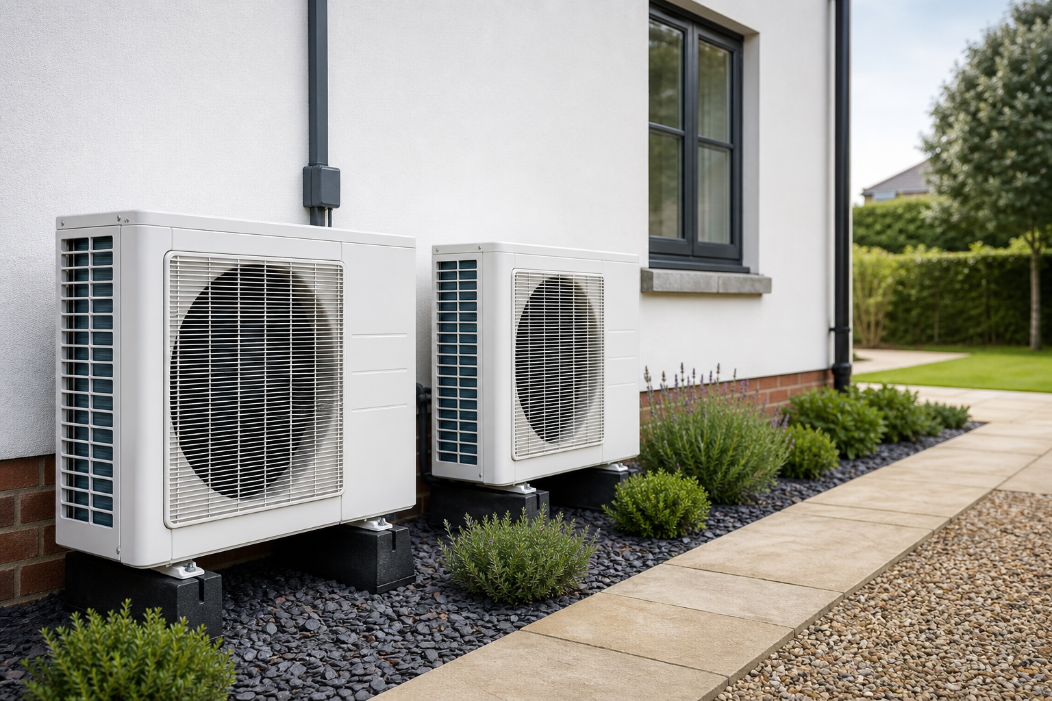 Illustration of outdoor air conditioning units installed against a building exterior