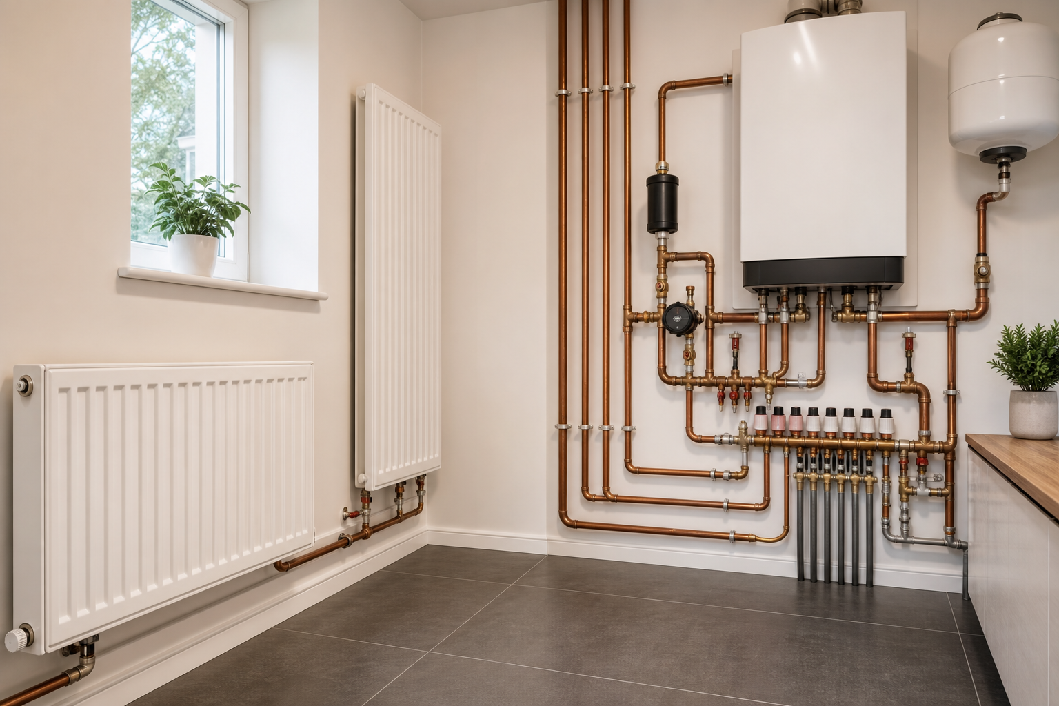 Illustration of heating radiators and plumbing pipework in a professional setting