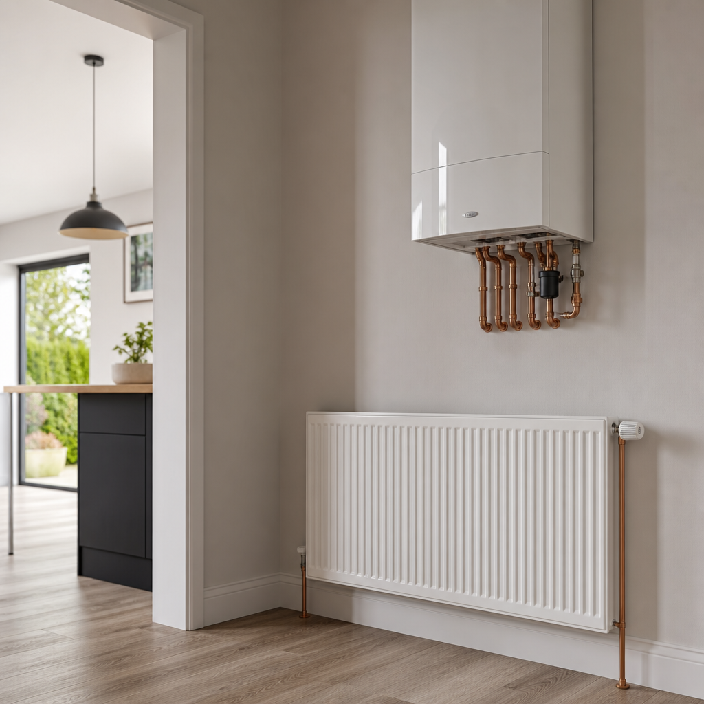 Illustration of a modern radiator and boiler heating installation