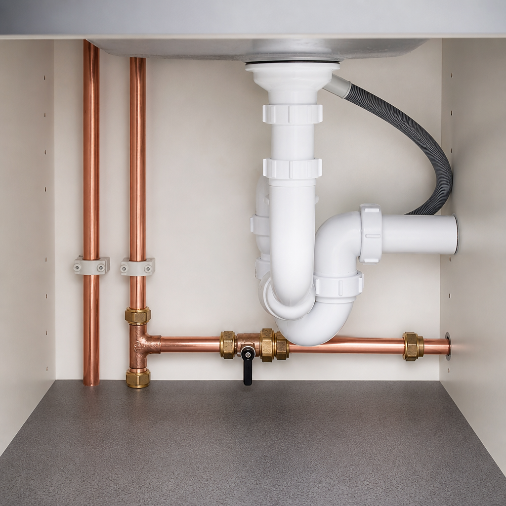 Illustration of professional plumbing pipework and fittings