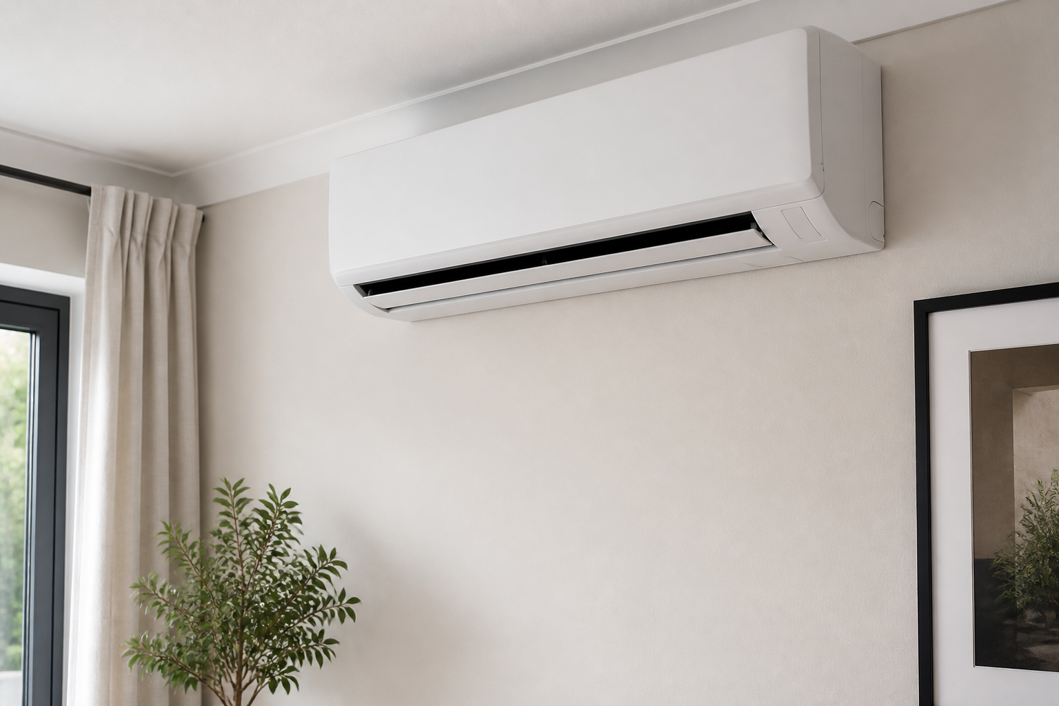 Illustration of a wall-mounted indoor air conditioning unit in a modern room