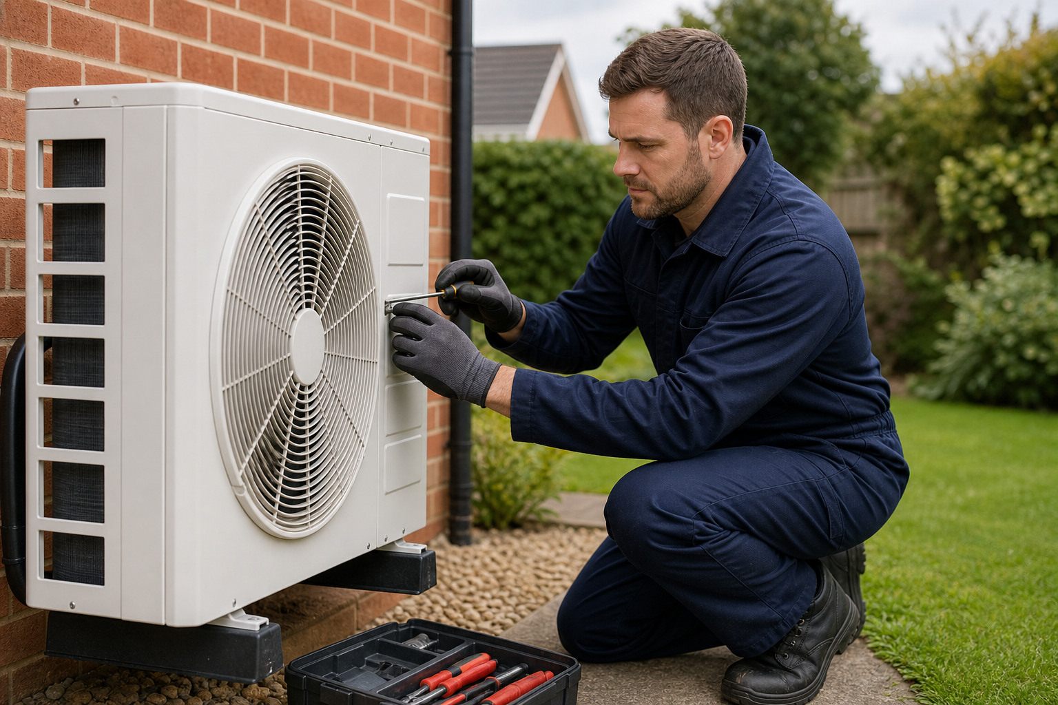 Illustration of an engineer servicing an outdoor air conditioning condenser unit