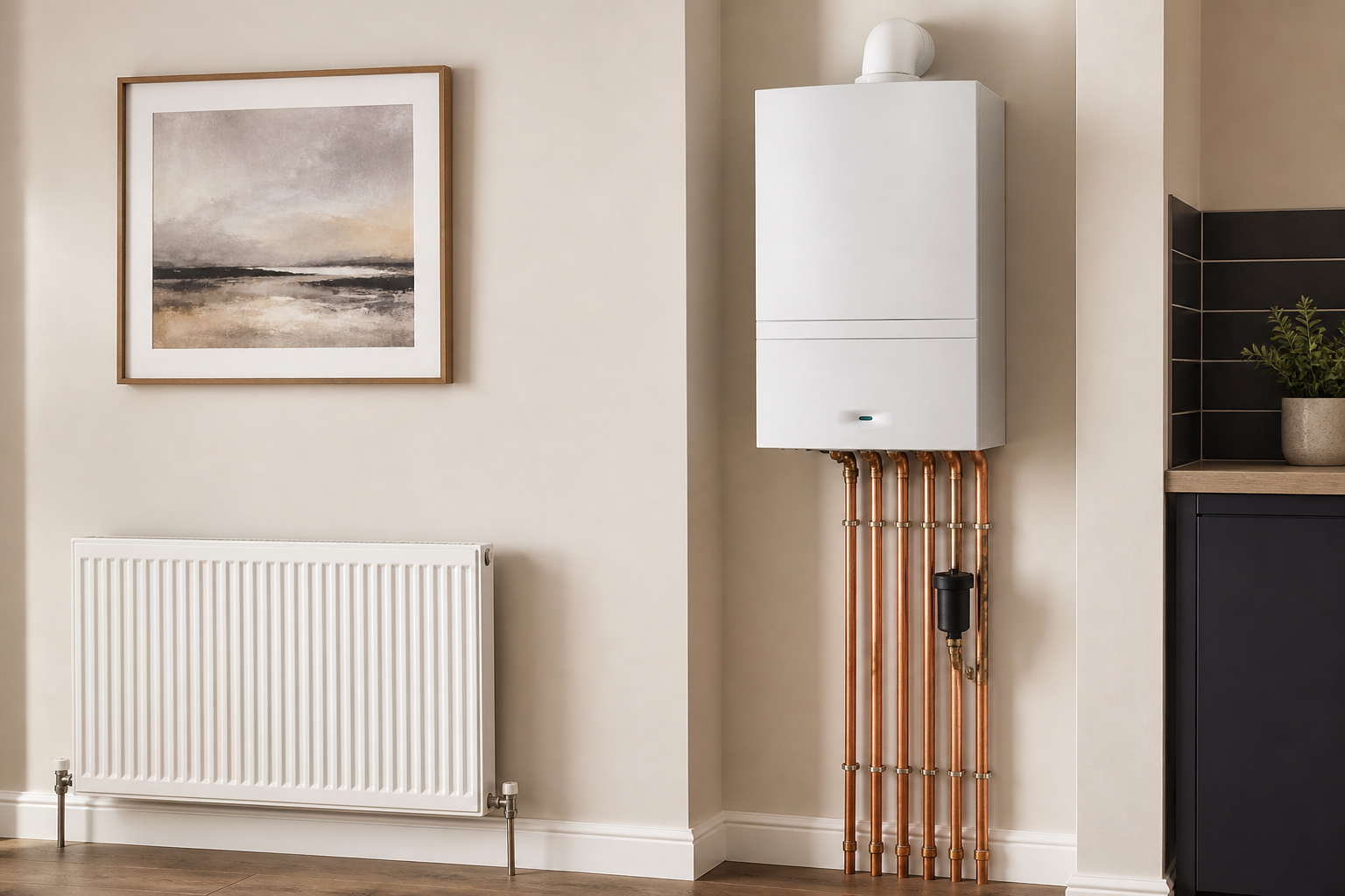 Illustration of a modern radiator and boiler heating setup in a UK home