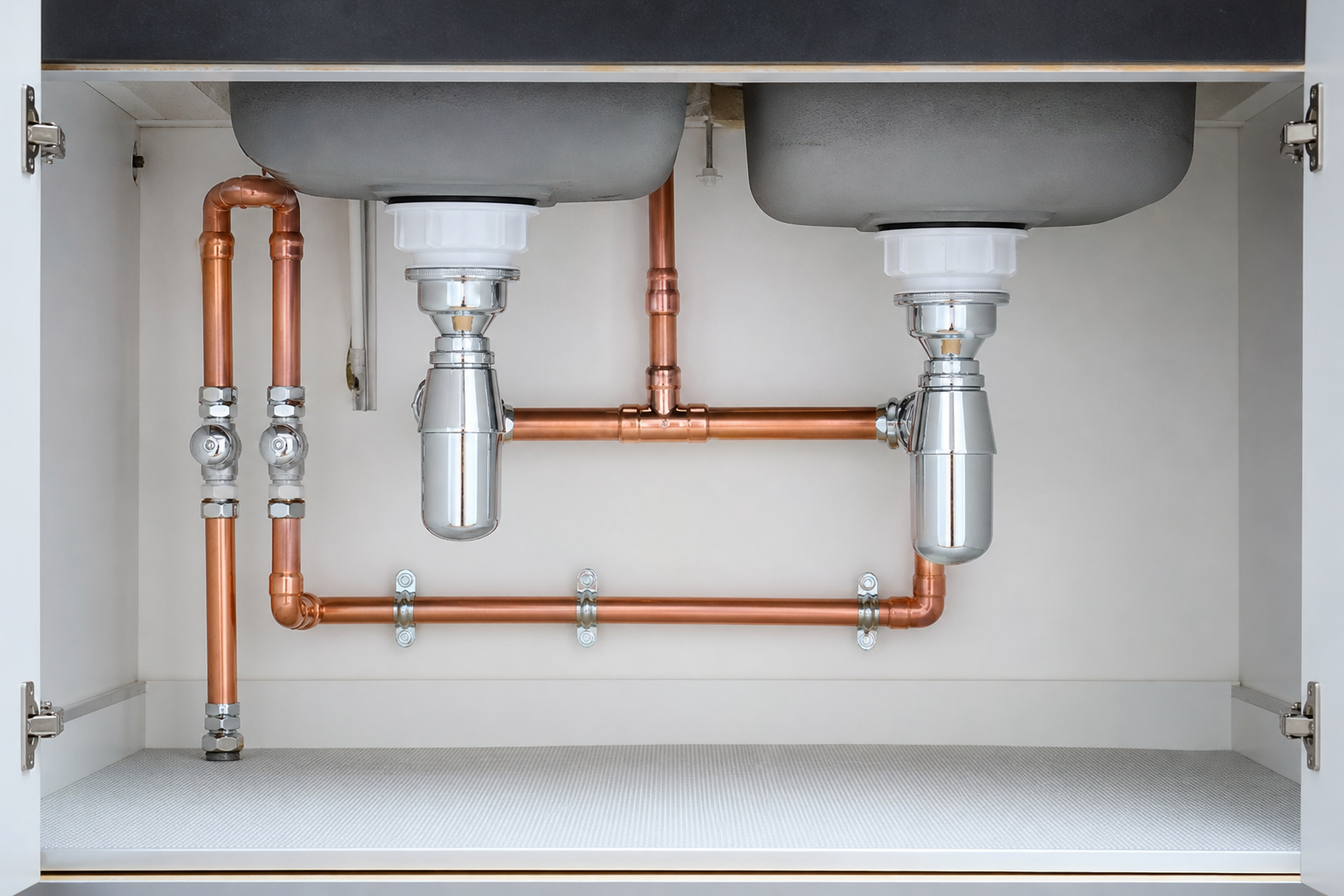 Illustration of professional plumbing pipes and fittings under a kitchen sink